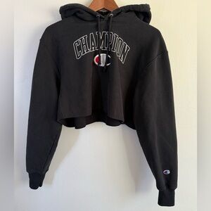 Champion Cropped Hoodie Black Logo Sweatshirt Women Size Medium